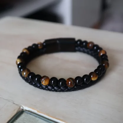 Pulsera de cuero piedra ojo de tigre - Imagen 3