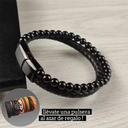Pulsera de cuero piedras negra lisa + pulsera adicional de regalo !