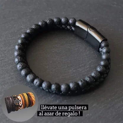 Pulsera de cuero piedra volcánica negra + pulsera adicional de regalo !