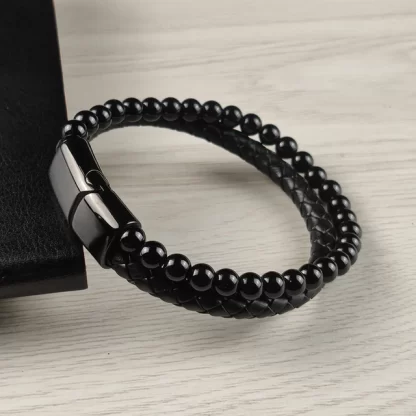 Pulsera de cuero piedras negra lisa + pulsera adicional de regalo ! - Imagen 2