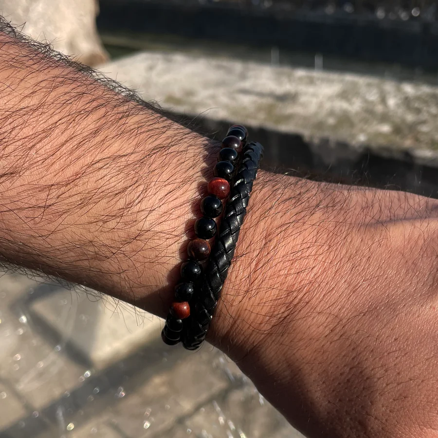 Pulsera de cuero ojo de tigre rojo - Imagen 4
